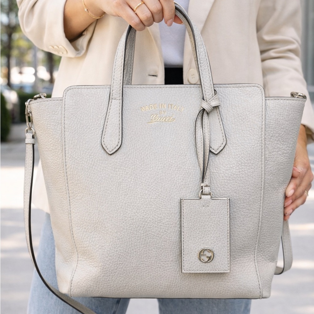 Gucci Light Grey Pebbled Leather Tote Bag